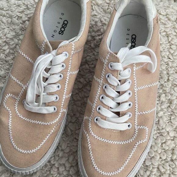 Asos‎ Design Women's Lace Up Embroidered Platform Canvas Sneaker Shoes Pale Pink - Picture 3 of 8